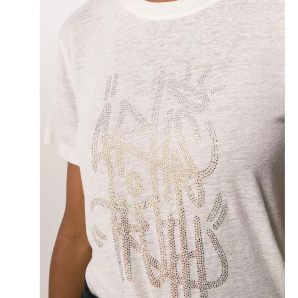 NEW Zadig & Voltaire Azedi Jormi Strass Crystal Linen Blend T-Shirt White Large - Picture 3 of 14